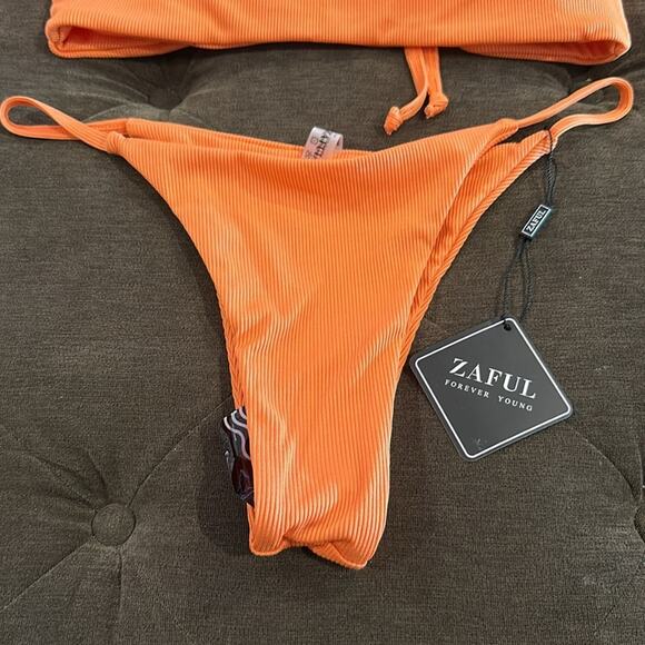ZAFUL Ribbed Lace Up Bandeau String Bikini Swimsuit - Orange L NWT - Picture 6 of 8